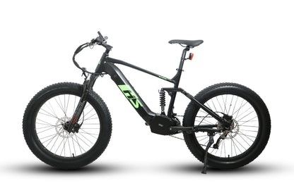 EUNORAU FAT-HS fat tire electric bike with dual suspension and mid-drive motor, perfect for adventurers and steep hill climbs.