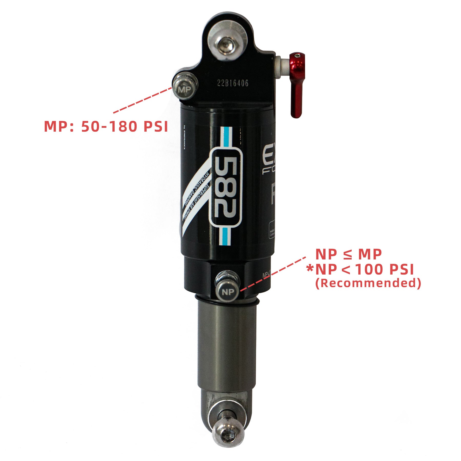 E-bike full suspension shock absorber with pressure limits noted