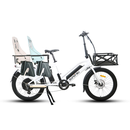 EUNORAU MAX-CARGO electric long-tail cargo ebike with rear child seats, front basket, integrated lights, fenders, and skirt guard.