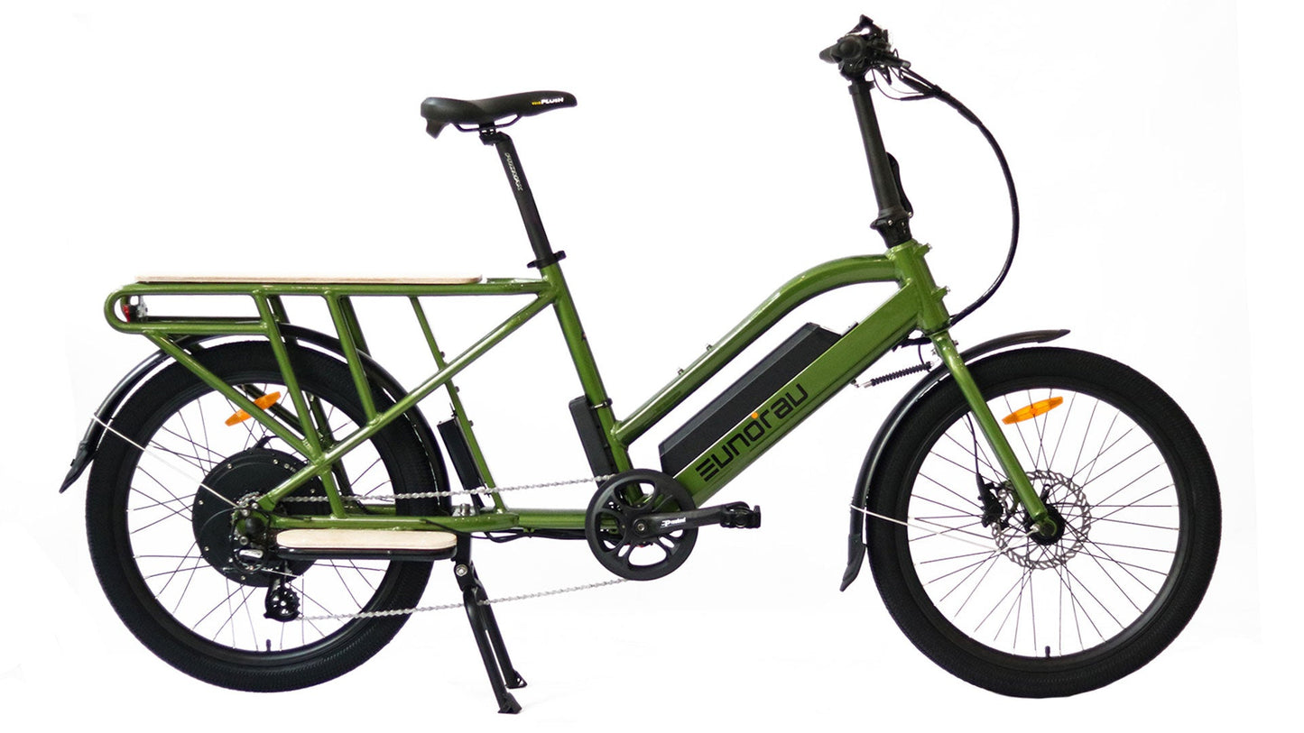 EUNORAU MAX-CARGO electric long-tail cargo ebike with integrated lights, fenders, and chainring protector, ideal for family and delivery use.