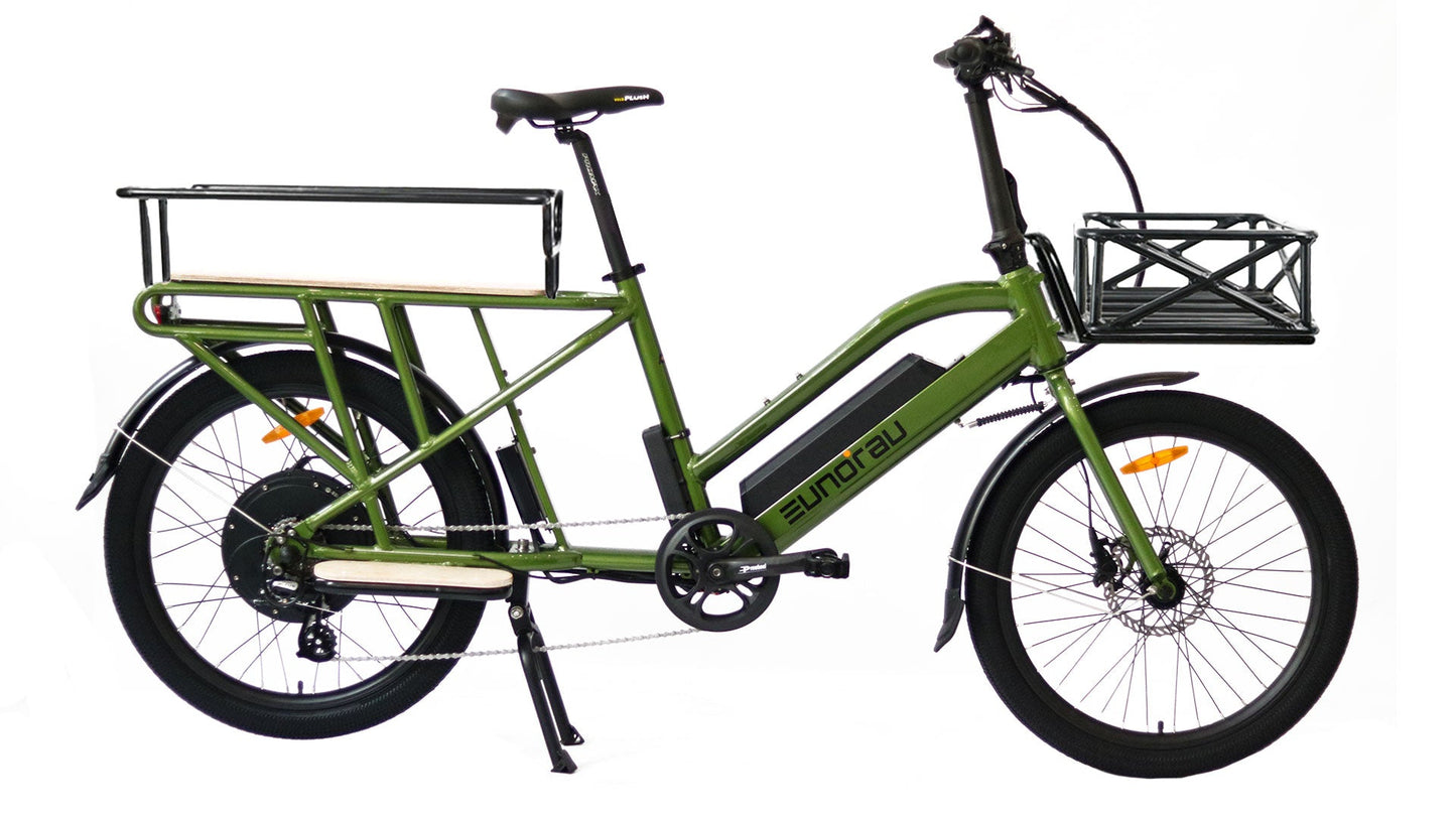 EUNORAU MAX-CARGO electric long-tail cargo ebike with integrated headlight, fenders, and rack for carrying cargo, kids, and passengers