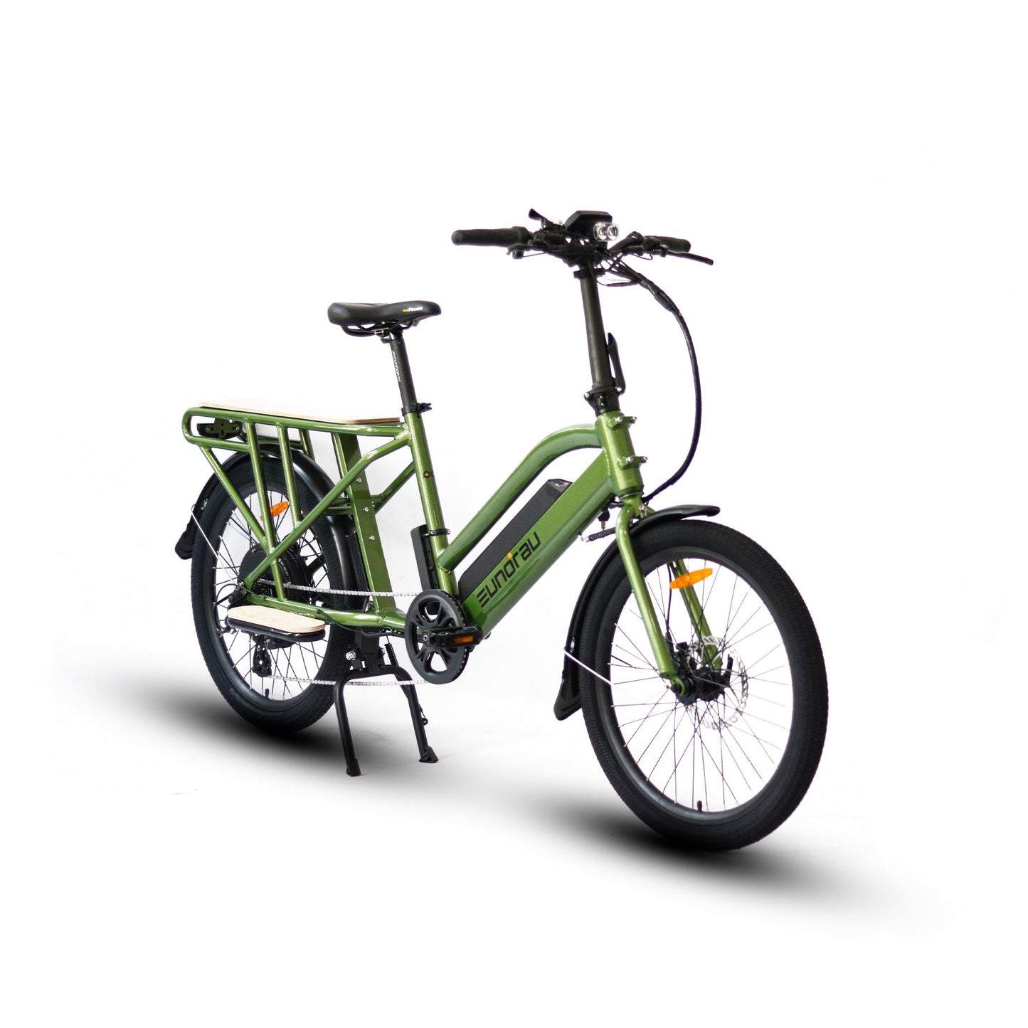 EUNORAU MAX-CARGO electric long-tail cargo ebike with integrated headlight, back light, fenders, skirt guard, and chainring protector.