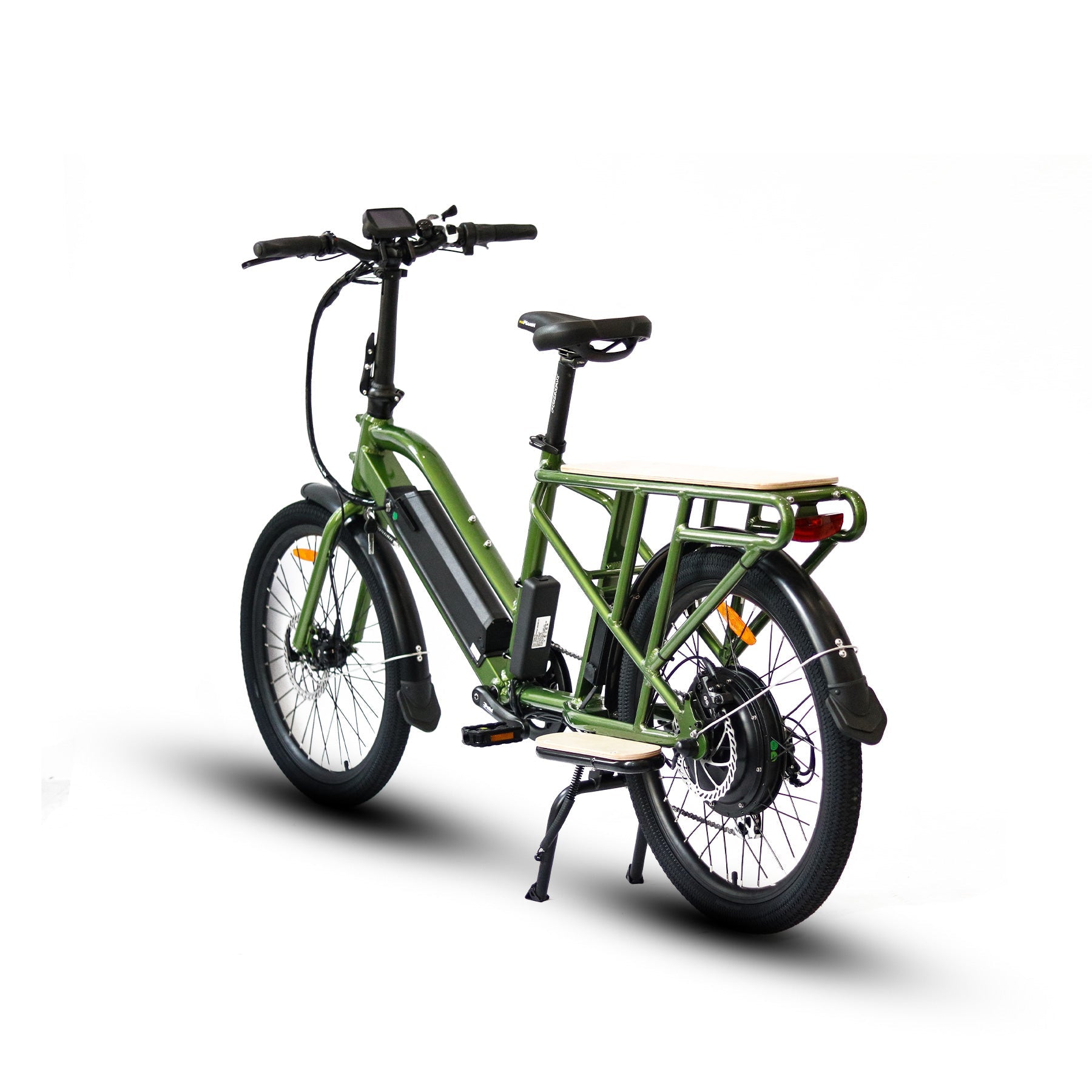 Green EUNORAU MAX-CARGO electric long-tail cargo ebike with headlight, back light, and fenders for carrying up to 440lbs of cargo and passengers