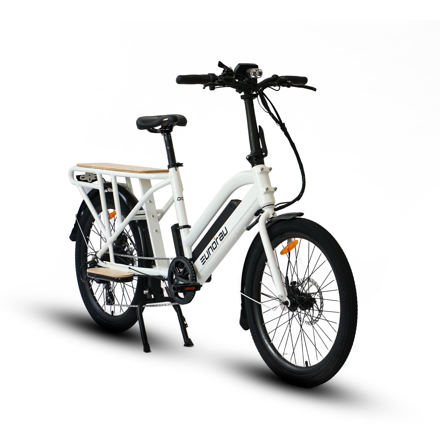 EUNORAU MAX-CARGO electric long-tail cargo ebike with pedal assist and throttle, integrated headlight, back light, and carrying capacity up to 440lbs