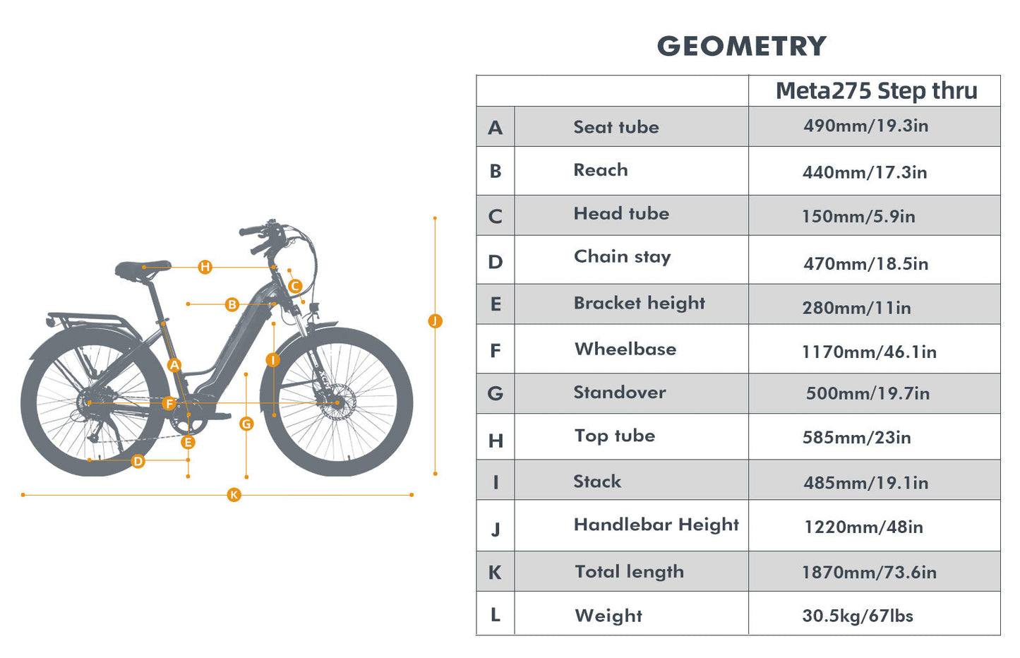 EUNORAU META275 ebike measurement spec sheet