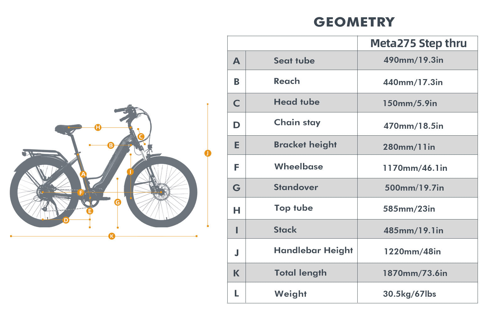 EUNORAU META275 ebike measurement spec sheet