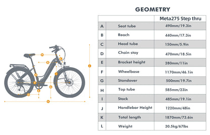 EUNORAU META275 ebike measurement spec sheet