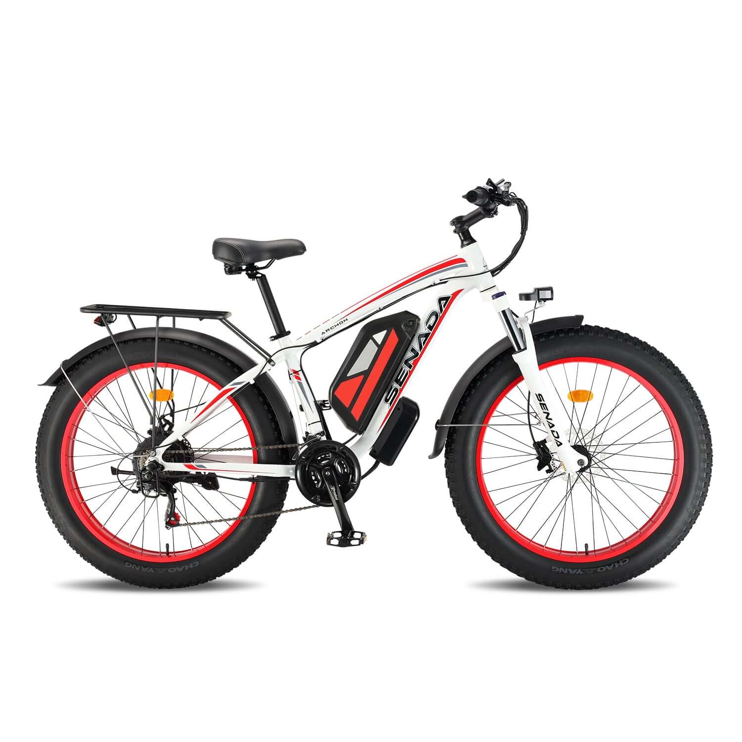 SENADA ARCHON PLUS 1000W fat tire electric bicycle with hydraulic disc brakes, 21-speed shifting, 20AH battery, and rear cargo rack.