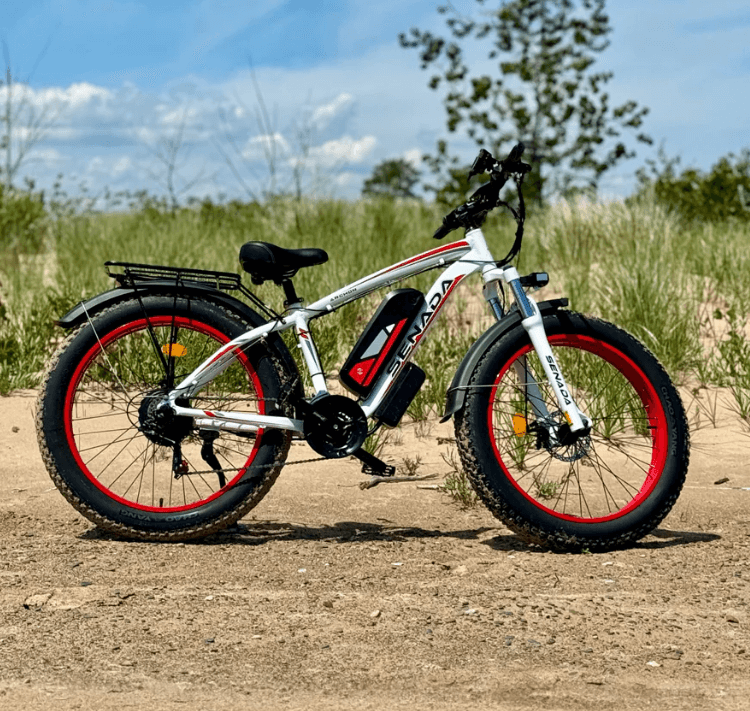 SENADA ARCHON PLUS 1000W fat tire electric bike with hydraulic disc brakes and 21-speed shifting, featuring a 20AH battery and sturdy rear rack.