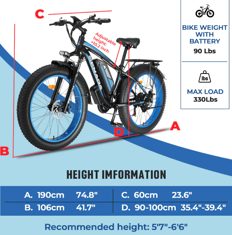 SENADA ARCHON PLUS electric bike specifications including bike weight, max load, height dimensions, and recommended height information