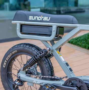 EUNORAU FLASH stylish ebike available in mid drive rear hub drive and all wheel drive seat and battery closeup