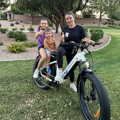 SENADA MAYOR Premium All-terrain Fat Tire EBike with a mom and two kids riding on back