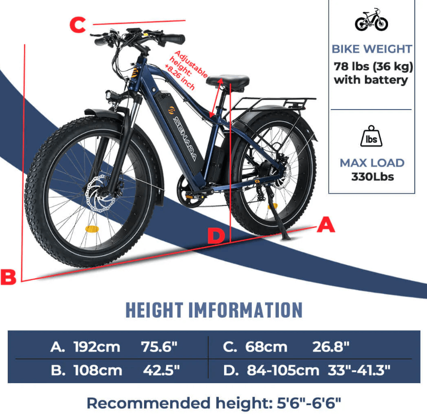 SENADA SABER PLUS electric bike with height and weight specifications, including adjustable seat height, 330 lbs max load, and 78 lbs weight.