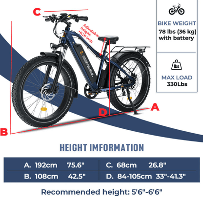 SENADA SABER PLUS electric bike with height and weight specifications, including adjustable seat height, 330 lbs max load, and 78 lbs weight.