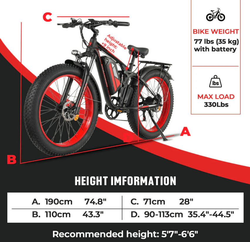 graphic for senada viper plus 1000w rear hub motor full suspension ebike showing dimensions recommeded rider height electric bicycle weight and max load