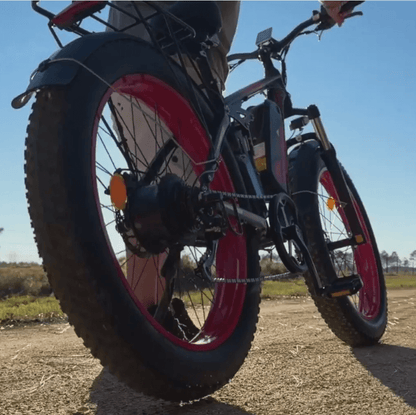 senada viper plus 1000w rear hub motor full suspension ebike shown on a trail to demonstrate the ruggedness of this electric bicycle